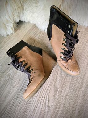 Tan Wedge Lace-Up Ankle Boots